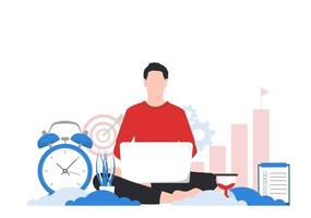 Discipline, goal setting and time management concept. Man with a laptop working or studying concept vector illustration