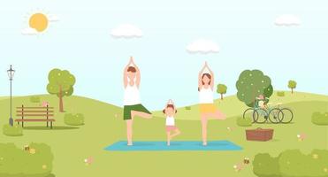 familia feliz haciendo yoga en la ilustración de vector de parque. concepto de picnic de verano