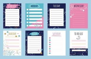Sheets template for organizer planner to do list with space background elements of stars and planets Flat vector illustration of a set of schedule pages