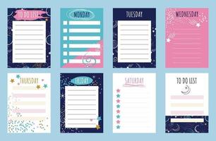 Sheets template for organizer planner to do list with space background elements of stars and planets Flat vector illustration of a set of schedule pages