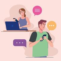 young couple using smartphone and laptop characters vector