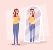 beautiful sexy girl standing looking in the mirror vector