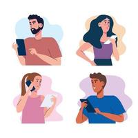 young four persons using smartphones technology vector