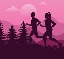 couple athletes running sport silhouettes in the camp vector