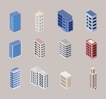 twelve buildings icons vector