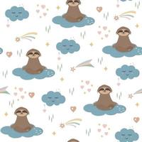 Seamless pattern with cute sloth characters on clouds among the stars vector