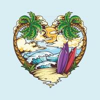 El diseño en forma de corazón de amor de verano contiene cocoteros de playa y tablas de surf