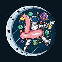 astronauts sit on flamingos floats in space with the stars and moon at a summer party vector