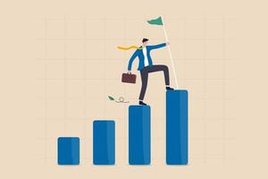 Achievement or business success reaching goal or target challenge and career growth concept success businessman climbing growth bar graph to the top to stab down winning flag vector