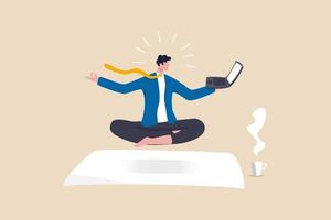 Business guru or expertise professional advisor or consultant smart thinking to solve problem concept genius businessman sitting meditate working with computer laptop floating in the air vector