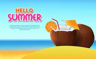 Hello summer banner card with realistic coconut drink water fruit with beach tropical island background vector