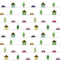 Seamless children s background with cars trees and houses Vector