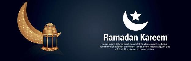 Ramadan kareem celebration banner with realistic vector golden moon and lantern