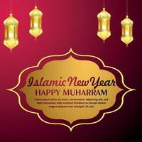Happy muharram celebration greeting card with golden lantern on red background vector