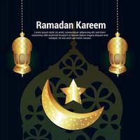 Islamic festival ramadan kareem celebration greeting card with golden moon and lantern vector