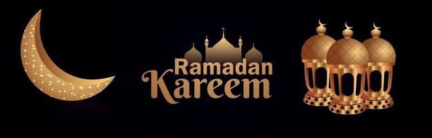 Ramadan kareem celebration banner with golden lantern and moon vector