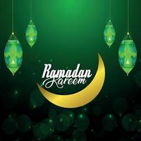 Ilustración de vector creativo de la tarjeta de felicitación de celebración de Ramadán Kareem con luna dorada y linterna