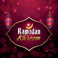 Ilustración de vector creativo de la tarjeta de felicitación de celebración de Ramadán Kareem con luna dorada y linterna