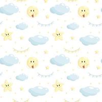 Clouds Moon and Stars  Cute Seamless Pattern  Cartoon Vector Illustration  Sky Background