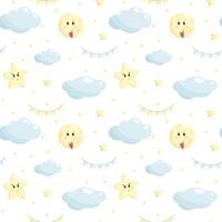 Clouds Moon and Stars  Cute Seamless Pattern  Cartoon Vector Illustration  Sky Background