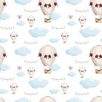 Seamless hand drawn pattern with hot air balloons  clouds and paper flags in pastel color  Kids vector illustration