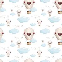 Seamless hand drawn pattern with hot air balloons  clouds and paper flags in pastel color  Kids vector illustration