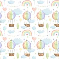 Rainbow color seamless pattern with hot air balloon  rainbow  balloons  clouds garland on white background vector