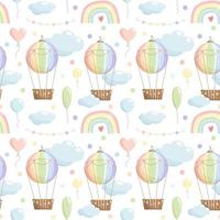 Rainbow color seamless pattern with hot air balloon  rainbow  balloons  clouds garland on white background vector