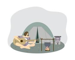 Summer hiking concept vector illustration with a tent a campfire a young girl playing the guitar and a backpack in a flat style Camping in the forest