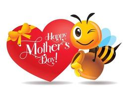 Cartoon cute bee carrying a honey pot as gift with big red heart signage with lettering vector