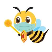 Flat design of bee wearing face mask holding honeycomb shield and honey dipper vector