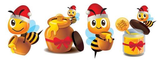 abeja linda de dibujos animados con tarro de miel para festivo navideño vector