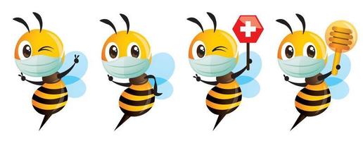 Cute bee with face mask holding red cross honeycomb sign set vector