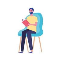 male reader reading book seated in chair character vector