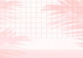 Empty studio pink tiles background with palm leaves for product display vector