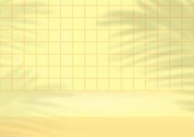 Empty studio yellow tiles background with palm leaves for product display vector
