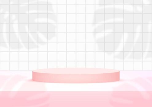 Podio vacío studio fondo de azulejos de color rosa y blanco con sombra de hojas de monstera para la exhibición del producto vector
