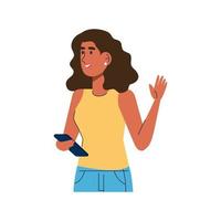 joven mujer morena de pie con smartphone vector