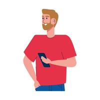 man bearded using smartphone standing character vector