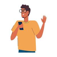 man wearing eyeglasses using smartphone standing character vector