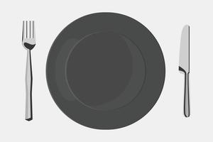 Empty black plate with fork and knife in flat design vector