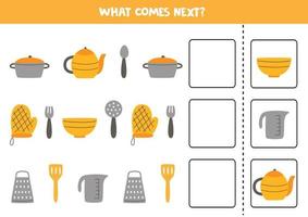 What comes next game with cartoon kitchen utensils vector