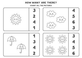 Counting game with cute weather elements Math worksheet vector