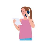 young woman using smartphone reading document vector