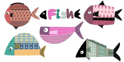 colección de motivos de peces de colores diseñados con estilo doodle vector