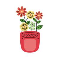 beautiful flowers and leafs garden decoration in pot vector