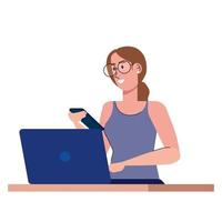 young woman using laptop and smartphone technology vector