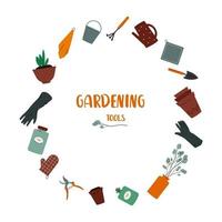 Gardening tools Set of gardener utensils watering can glowes pots soil towels bucket bottles and jars fertilizer secateurs scoop rake vector