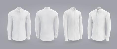 White male shirt with long and short sleeves and buttons in front back and side view isolated on a gray background 3D realistic vector illustration pattern formal or casual shirt