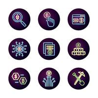 bundle of crypto currency icons neon style vector